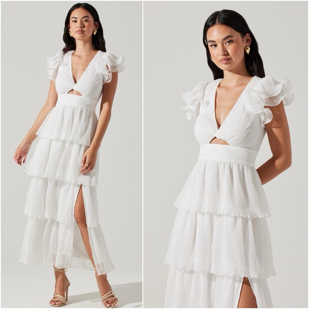 ASTR The Label Emporia Tiered Tulle Midi Dress White Women's Size M NWT $179